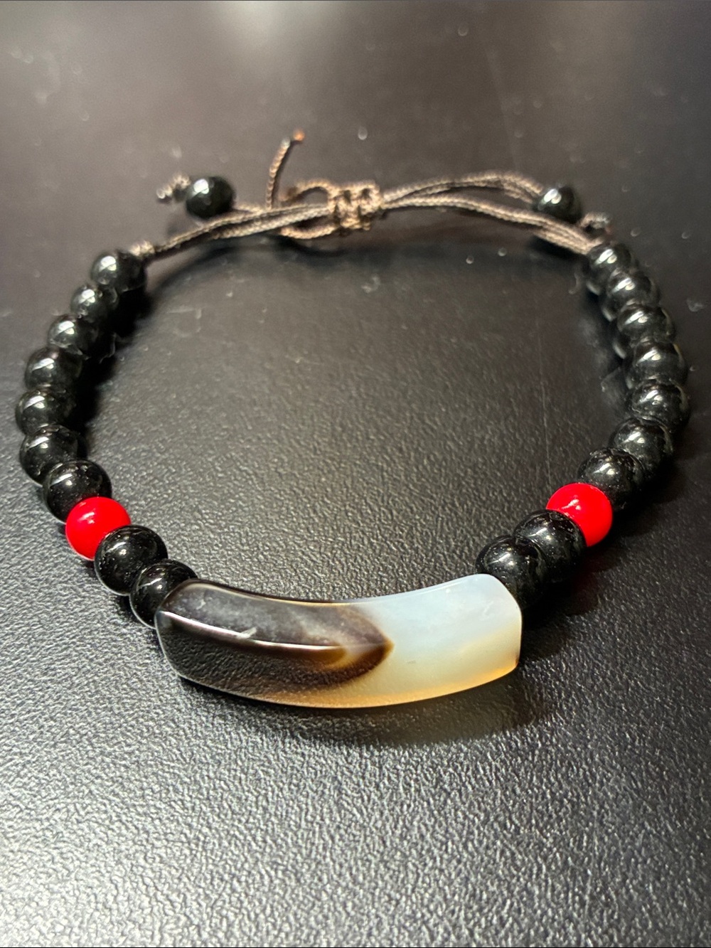 Black Shambala style Beaded Bracelet with Agate Accent and Red Beads